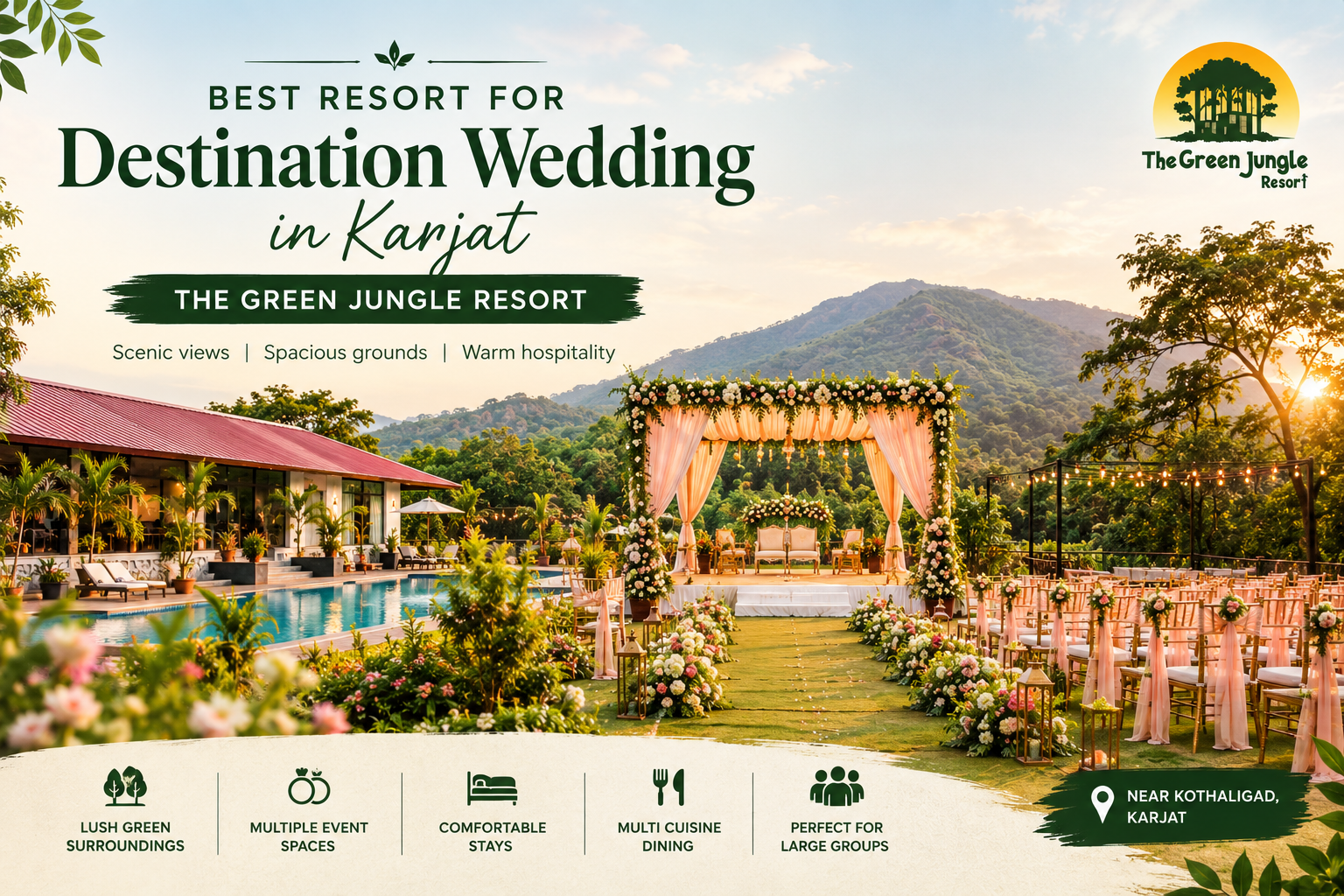 Destination wedding setup surrounded by greenery at The Green Jungle Resort, Karjat.