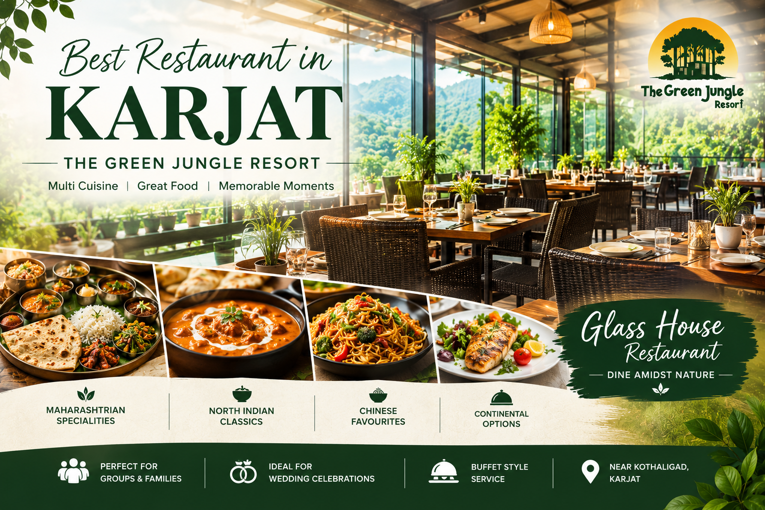 Glass House Restaurant dining setup at The Green Jungle Resort, a top restaurant in Karjat